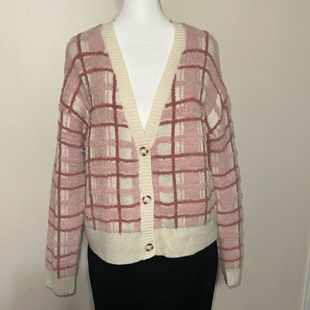 Lauren Conrad L Ivory Mauve Pink Plaid Cozy Chenille Knit Cardigan Sweater